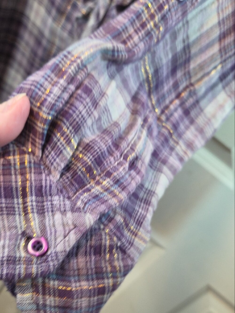 Relativity Lavender Plaid Ruffle-Front Button-Down Shirt - Picture 6 of 14
